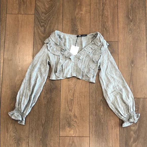 NWT Zara Cropped Ruffled Gray Top Size M - Picture 7 of 13